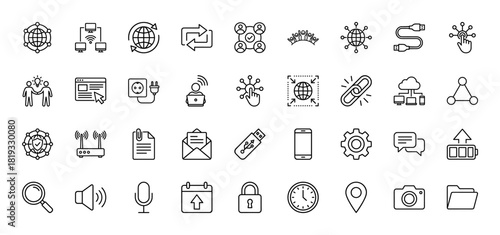 Technology and communication line icon set. Vector pictograms for digital networks, data, cloud, wireless devices, security, and UI elements.
