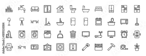 Household and home interior line icon set. Vector pictograms of house, bathtub, bed, refrigerator, washing machine, monitor, hammer, router, lamp, plant, thin linear illustration.