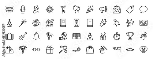 Party, celebration, and entertainment line icon set. Vector pictograms of party popper, balloons, music notes, dancing, gifts, masks, fireworks, and instruments, thin linear illustration.