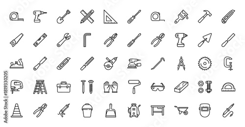 Construction tools line icon set. Vector pictograms of various hand tools, power tools, safety gear, and fasteners, thin linear illustration.