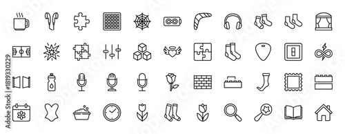 General objects line icon set. Vector pictograms of mug, headphones, socks, puzzle, microphone, rose, house, book, battery, football field, stage, corset, boomerang, clock, thin linear illustration.