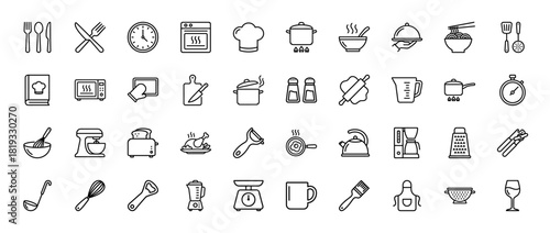 Cooking and kitchenware line icon set. Vector pictograms of an oven, microwave, chef hat, pot, pan, toaster, blender, scale, whisk, cutlery, cookbook, and apron, thin linear illustration.