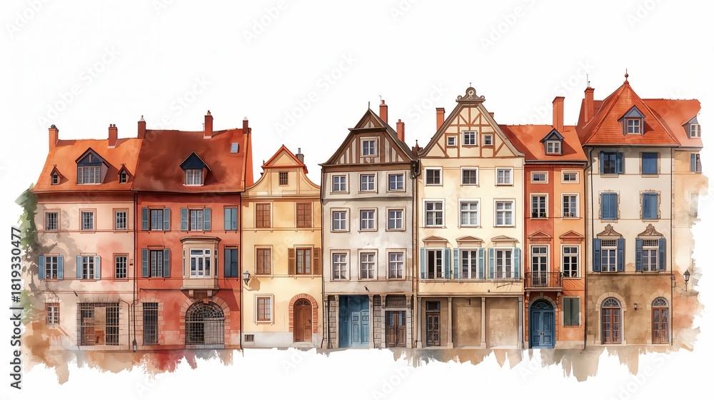 Fototapeta premium A watercolor style illustration showcases a row of European-style buildings in vibrant colors.