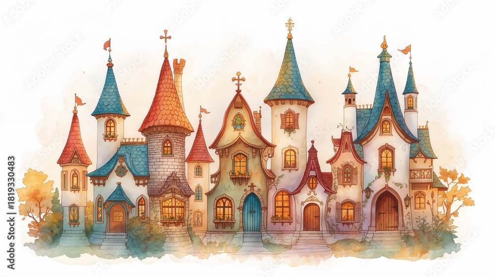 Fototapeta premium Whimsical watercolor townscape with colorful turrets, arches and windows, fantasy architecture.