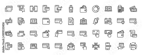 Financial transaction line icon set. Vector pictograms of credit cards, wallets, smartphones, POS terminals, secure payments, bills, and data analysis, thin linear illustration.
