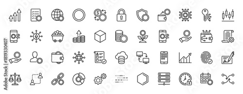 Cryptocurrency and financial technology line icon set. Vector pictograms of digital coins, wallet, chart, security, data, network, and exchange, thin linear illustration.