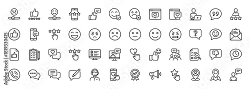 Customer feedback and review line icon set. Vector pictograms of thumbs up, stars, happy and sad emojis, chat bubbles, and customer service, thin linear illustration.