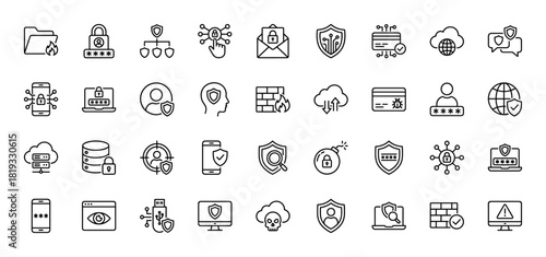 Cybersecurity line icon set. Vector pictograms of digital shields, padlocks, firewalls, secure clouds, servers, users, credit cards, smartphones, and laptops, thin linear illustration.