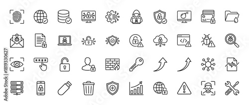 Cybersecurity line icon set. Vector pictograms of digital monitor, shield, database, fingerprint, hacker, global network, credit card, email, firewall, password, thin linear illustration.