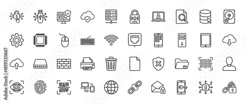 Technology and security line icon set. Vector pictograms of computers, data storage, network devices, cloud services, and digital protection elements, thin linear illustration.