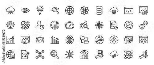 Data analytics and business technology line icon set. Vector pictograms of database, cloud, charts, server, brain, security, and settings, thin linear illustration.