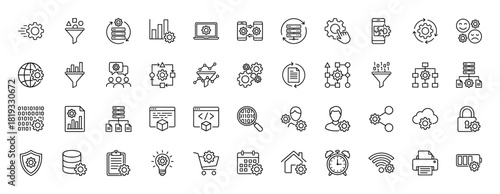 Data processing and system configuration line icon set. Vector pictograms of mobile sync, data funnels, server management, workflow, cloud, security, and user settings, thin linear illustration.