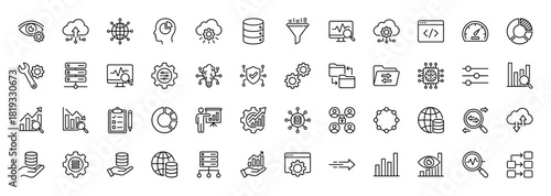 Data analytics line icon set. Vector pictograms of data processing, cloud technology, server management, charts, graphs, and security, thin linear illustration.