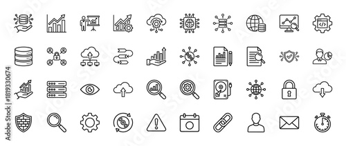 Information technology line icon set. Vector pictograms of data, cloud, analytics, security, network, development, storage, and communication, thin illustration.
