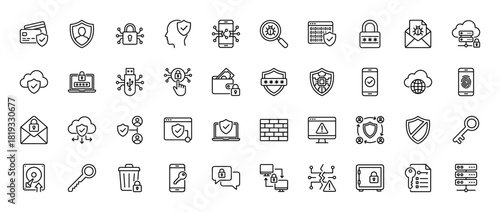 Cybersecurity and data protection icon set. Vector pictograms of credit card, laptop, cloud, email, key, fingerprint, and shield, thin linear illustration.