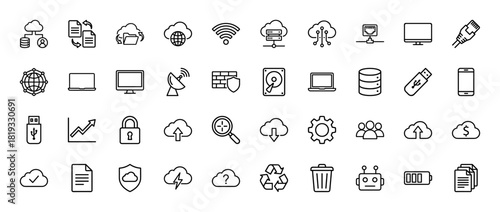 Technology and computing line icon set. Vector pictograms of cloud, network, server, database, security, devices, data, document, settings, and robot, thin linear illustration.