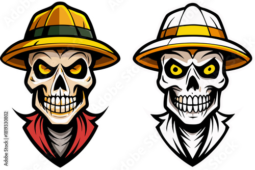 Farmer skull in straw hat vector illustration in two styles black on white and colorful on dark background stock illustration