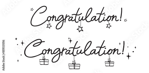 Hand-drawn “Congratulations” lettering with stars and gift boxes, black and white festive doodle design