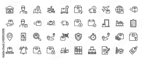 Logistics and shipping line icon set. Vector pictograms of package, delivery truck, warehouse, map, global shipping, airplane, freight ship, inventory, thin linear illustration.