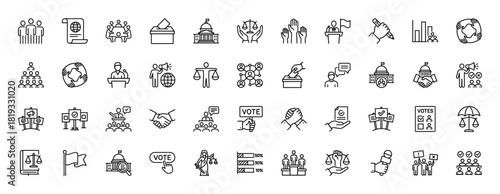 Government and politics line icon set. Vector pictograms of ballot box, crowd, raised hands, building, scales, speaker, handshake, and voting elements, thin linear illustration.