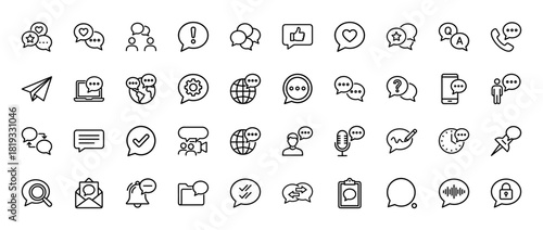 Communication and social media line icon set. Vector pictograms of chat bubbles, heart, like, phone, global, user, mail, and search, thin linear illustration.
