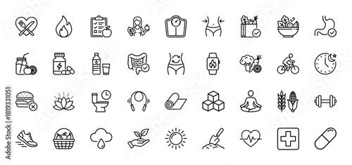 Health and wellness line icon set. Vector pictograms of diet, weight loss, nutrition, exercise, sleep, meditation, hydration, and hygiene, thin linear illustration.