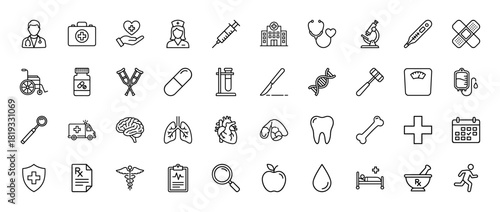 Medical line icon set. Vector pictograms of doctor, nurse, hospital, stethoscope, syringe, medicine, wheelchair, brain, and ambulance, thin linear illustration.