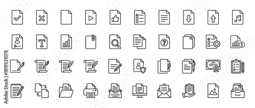 Document management line icon set. Vector pictograms of files, checklists, charts, search, security, folders, certificates, printers, envelopes, warnings, and signatures, thin linear illustration.