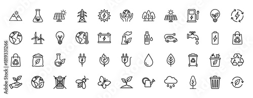 Environmental line icon set. Vector pictograms of solar energy, earth, wind turbines, electric vehicles, recycling, trees, plants, and climate, thin linear illustration.