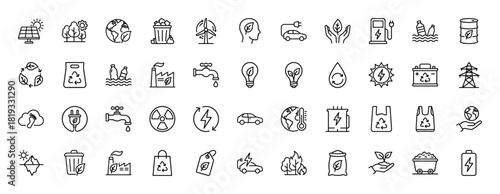 Environmental line icon set. Vector pictograms of solar panels, wind turbines, trees, recycling, electric cars, batteries, and renewable energy, thin linear illustration.