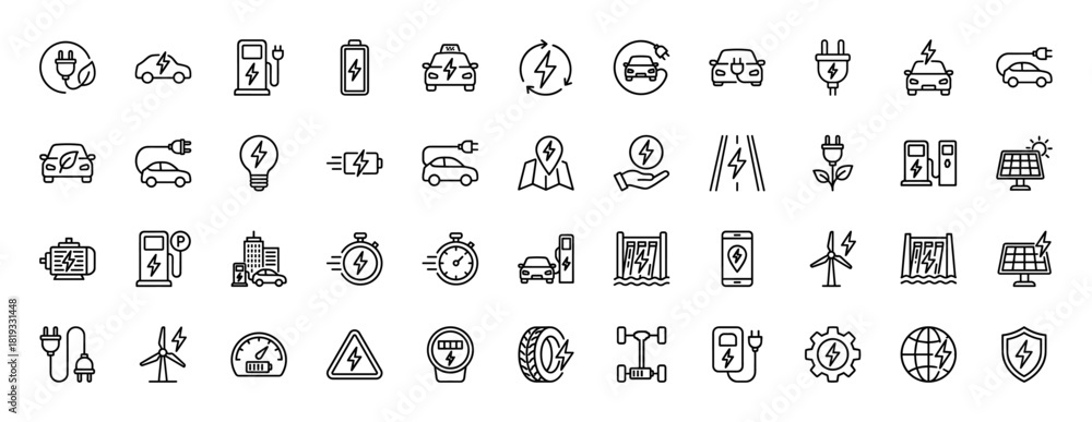 Fototapeta premium Electric vehicles and renewable energy icon set. Vector pictograms of EVs, charging stations, batteries, solar panels, wind turbines, power plugs, and energy meters, thin linear illustration.
