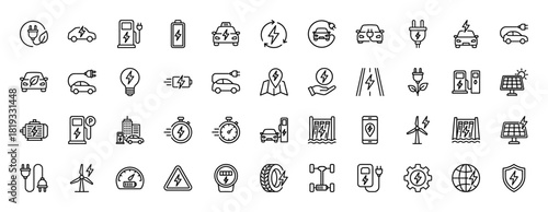 Electric vehicles and renewable energy icon set. Vector pictograms of EVs, charging stations, batteries, solar panels, wind turbines, power plugs, and energy meters, thin linear illustration.