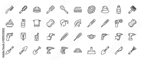 Personal care, health, DIY, and gardening line icon set. Vector pictograms of brushes, sponges, thermometers, drills, spades, and shears, thin linear illustration.