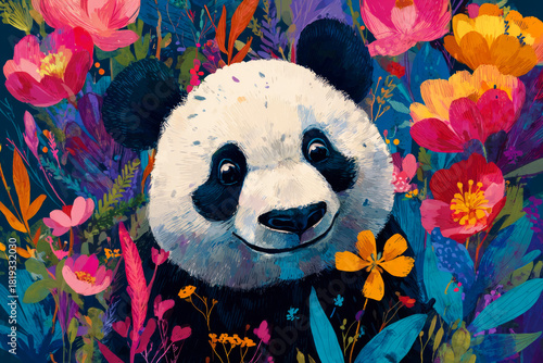 Contemporary art of happy panda over colorful flowers background, Illustration animal poster; Eclectic style