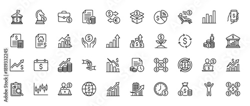 Finance and business line icon set. Vector pictograms of bank, money exchange, briefcase, charts, documents, coins, money bags, and globe, thin linear illustration.