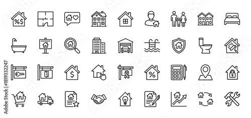 Real estate line icon set. Vector pictograms of houses, agent, floor plan, search, for sale sign, keys, bathtub, and property services, thin linear illustration.