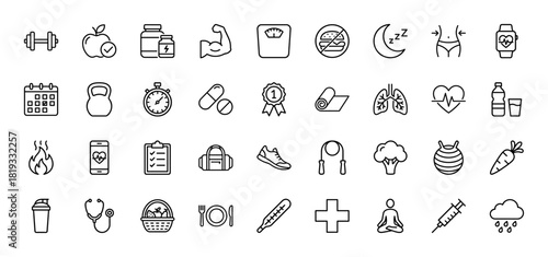 Health and fitness line icon set. Vector pictograms of dumbbell, apple, scale, pills, yoga mat, stethoscope, and smartwatch, thin linear illustration.