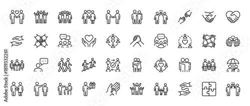 Human interaction line icon set. Vector pictograms of friendship, partnership, teamwork, communication, community, support, and family, thin linear illustration.