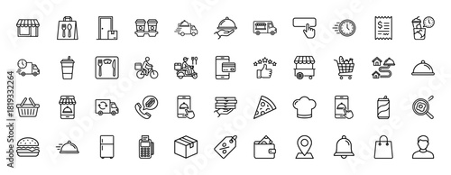 Food delivery and shopping services line icon set. Vector pictograms of delivery vehicles, mobile ordering, food items, retail operations, and logistics, thin linear illustration.