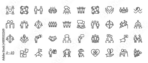 Social, business, and community line icon set. Vector pictograms of handshake, teamwork, communication, support, relationship, discussion, partnership, thin linear illustration.