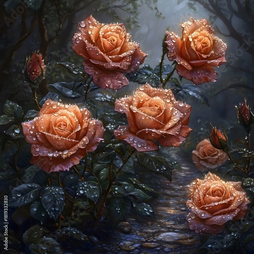 A beautiful arrangement of peach roses adorned with glistening raindrops, surrounded by lush greenery and a misty forest backdrop, creating a serene and enchanting atmosphere.