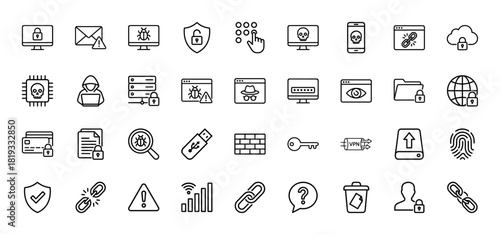 Cybersecurity line icon set. Vector pictograms of monitor lock, email alert, shield, hacker, server, cloud, password, fingerprint, firewall, VPN, USB drive, warning, thin linear illustration.