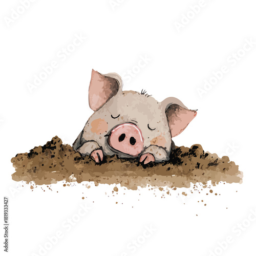 Cute Cartoon Pig in Mud Illustration Happy Piglet Peeking Out.
