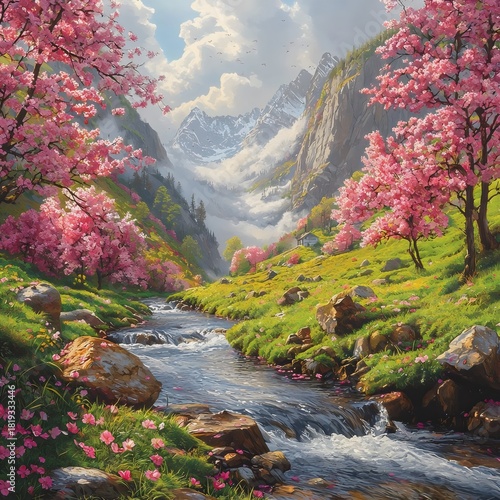 A serene landscape with a flowing river surrounded by vibrant pink cherry blossom trees and majestic mountains in the background, evoking a tranquil, picturesque spring atmosphere.