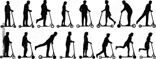 Kick scooter silhouettes, urban mobility, group motion, active transport, black figures, riding posture, city commute, youth activity, lifestyle movement, ergonomic study