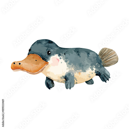 Cute Cartoon Platypus Illustration with Watercolor Texture.