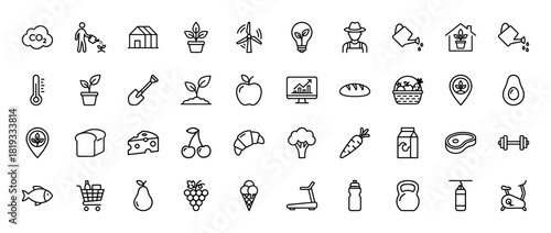 Environment, agriculture, food, and fitness line icon set. Vector pictograms of windmill, farmer, produce, and gym equipment, thin linear illustration.
