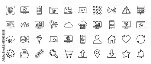 Internet and data line icon set. Vector pictograms of computers, security, network, server, cloud, analytics, shopping, and user interface elements, thin linear illustration.