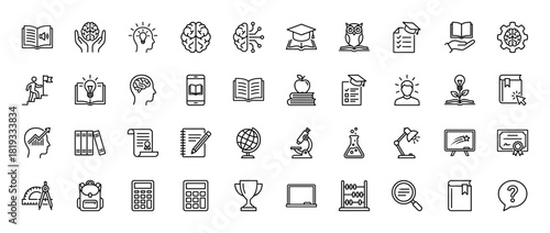Education and knowledge line icon set. Vector pictograms of brain, book, owl, graduation cap, diploma, apple, globe, microscope, calculator, and backpack, thin linear illustration.