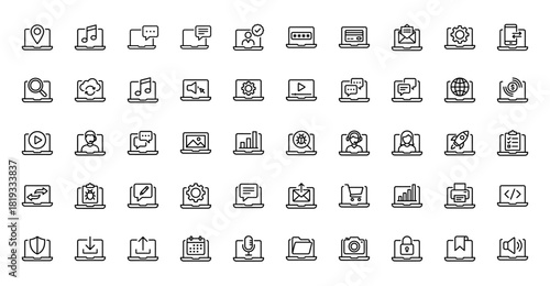 Technology line icon set. Vector pictograms of chat, password, credit card, video, user profile, settings, analytics, security, shopping, download, notification, thin linear illustration.